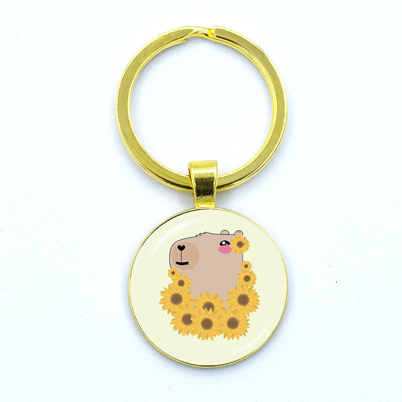 Round Metal Capybara Keychain with Glass Charm 33 by HitMyNeed