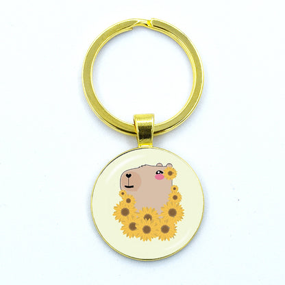 Round Metal Capybara Keychain with Glass Charm 33 by HitMyNeed