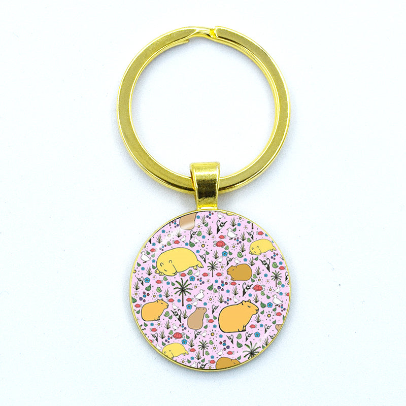Round Metal Capybara Keychain with Glass Charm 34 by HitMyNeed