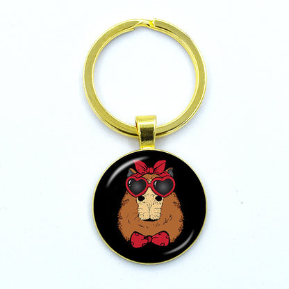 Round Metal Capybara Keychain with Glass Charm 35 by HitMyNeed