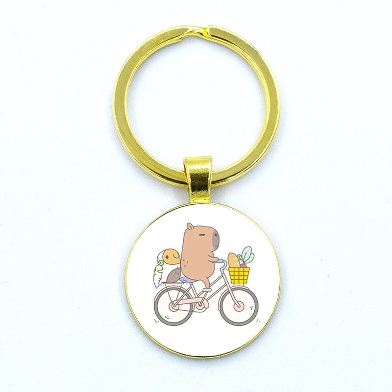 Round Metal Capybara Keychain with Glass Charm 36 by HitMyNeed