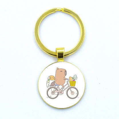 Round Metal Capybara Keychain with Glass Charm 36 by HitMyNeed