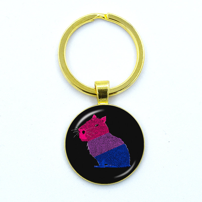 Round Metal Capybara Keychain with Glass Charm 37 by HitMyNeed