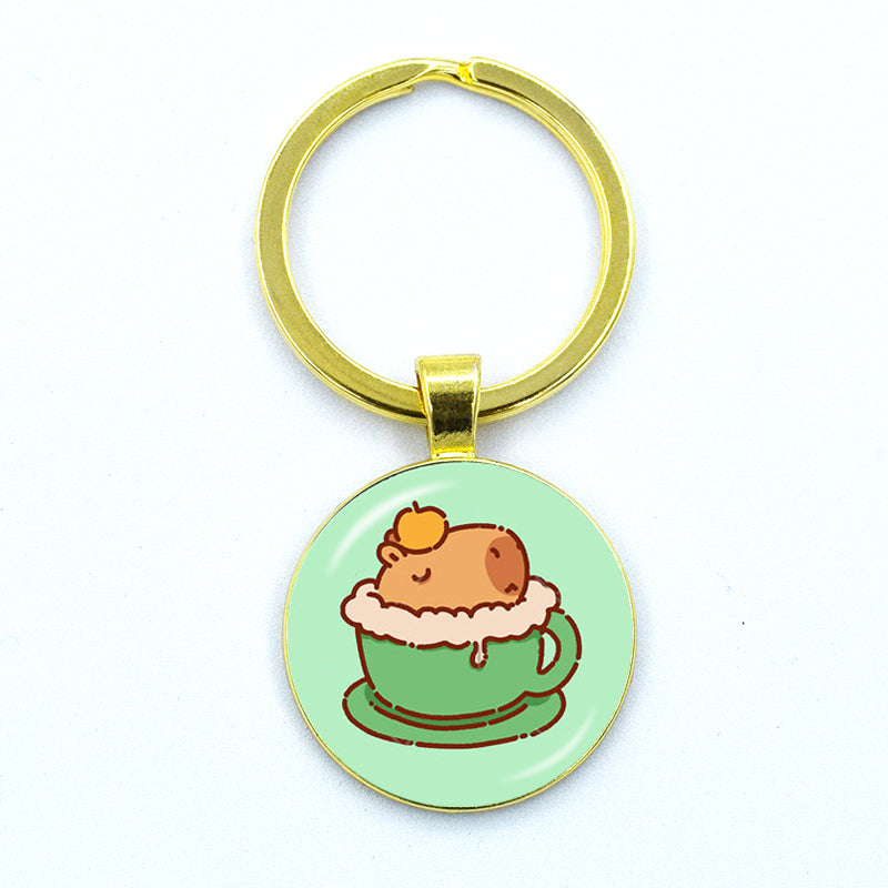 Round Metal Capybara Keychain with Glass Charm 39 by HitMyNeed