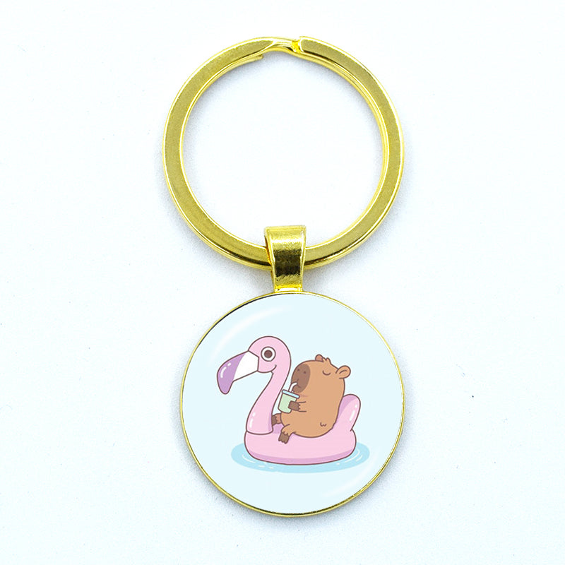 Round Metal Capybara Keychain with Glass Charm 40 by HitMyNeed