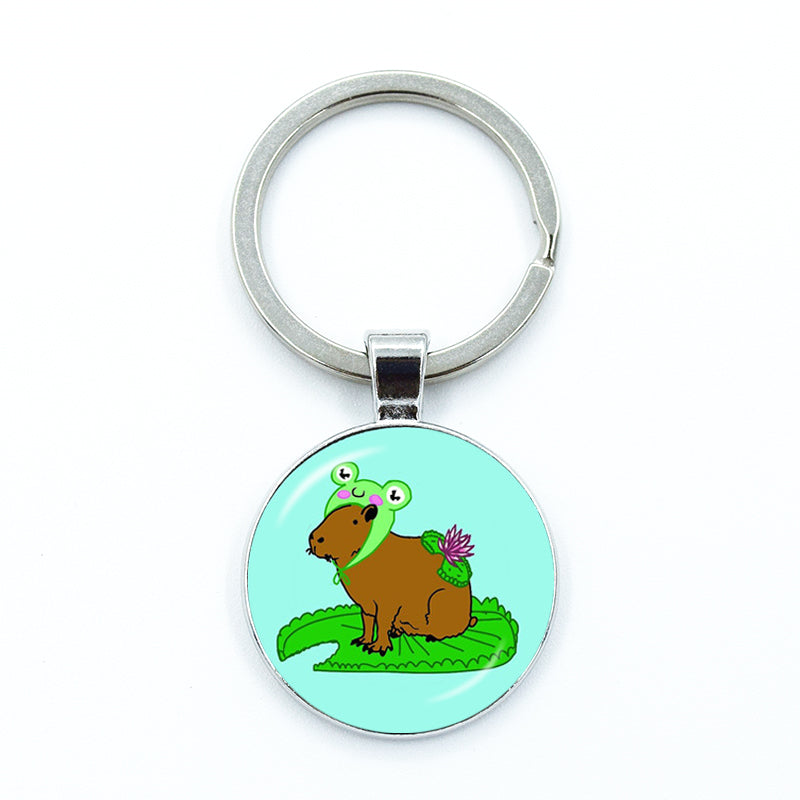 Round Metal Capybara Keychain with Glass Charm 6 by HitMyNeed