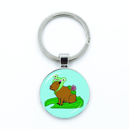 Round Metal Capybara Keychain with Glass Charm 6 by HitMyNeed