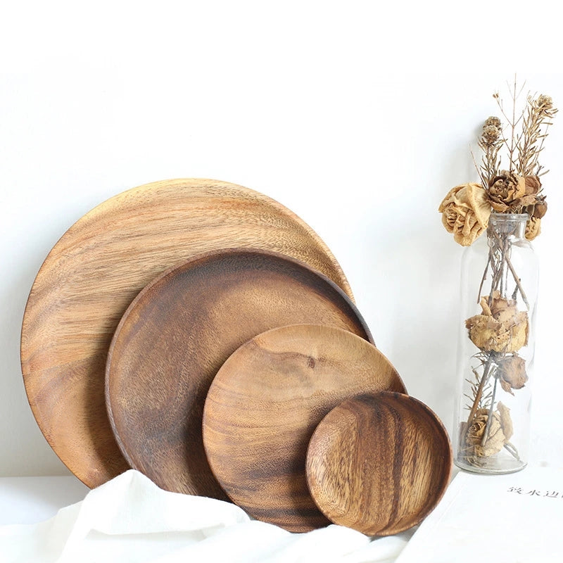 Round Natural Acacia Wood Plate Set (4 Pieces) by HitMyNeed