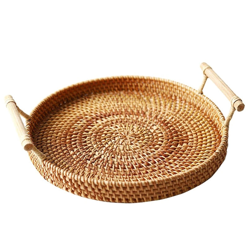 Round Rattan Serving Tray with Handles, 24 cm by HitMyNeed