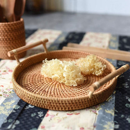 Round Rattan Serving Tray with Handles, 24 cm by HitMyNeed