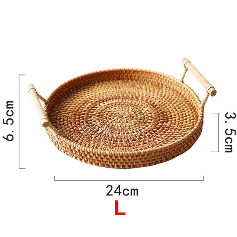 Round Rattan Serving Tray with Handles, 24 cm by HitMyNeed