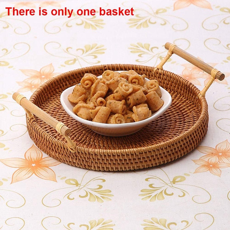 Round Rattan Serving Tray with Handles, 24 cm by HitMyNeed