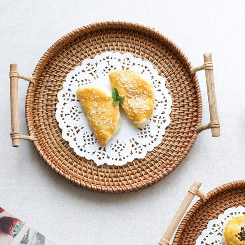 Round Rattan Serving Tray with Handles, 24 cm by HitMyNeed