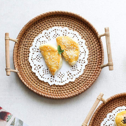 Round Rattan Serving Tray with Handles, 24 cm by HitMyNeed