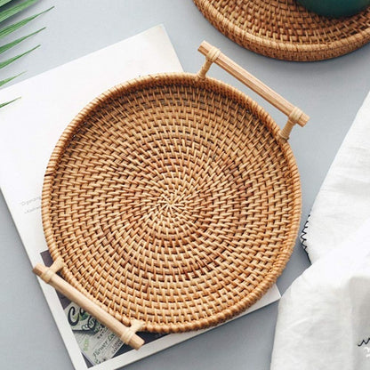 Round Rattan Serving Tray with Handles, 24 cm by HitMyNeed