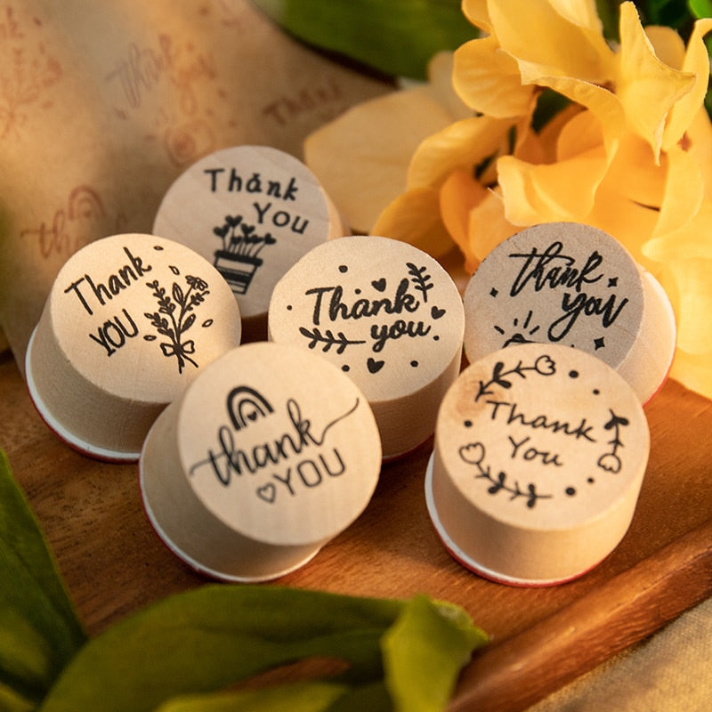 Round Wooden Thank You Rubber Stamps Set (6pcs) by HitMyNeed