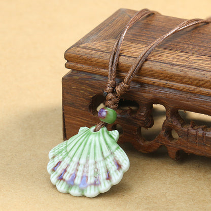 Rustic Ceramic Seashell Pendant Necklace green by HitMyNeed