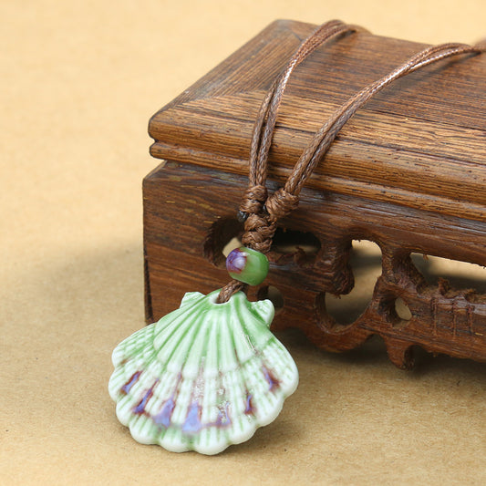 Rustic Ceramic Seashell Pendant Necklace green by HitMyNeed