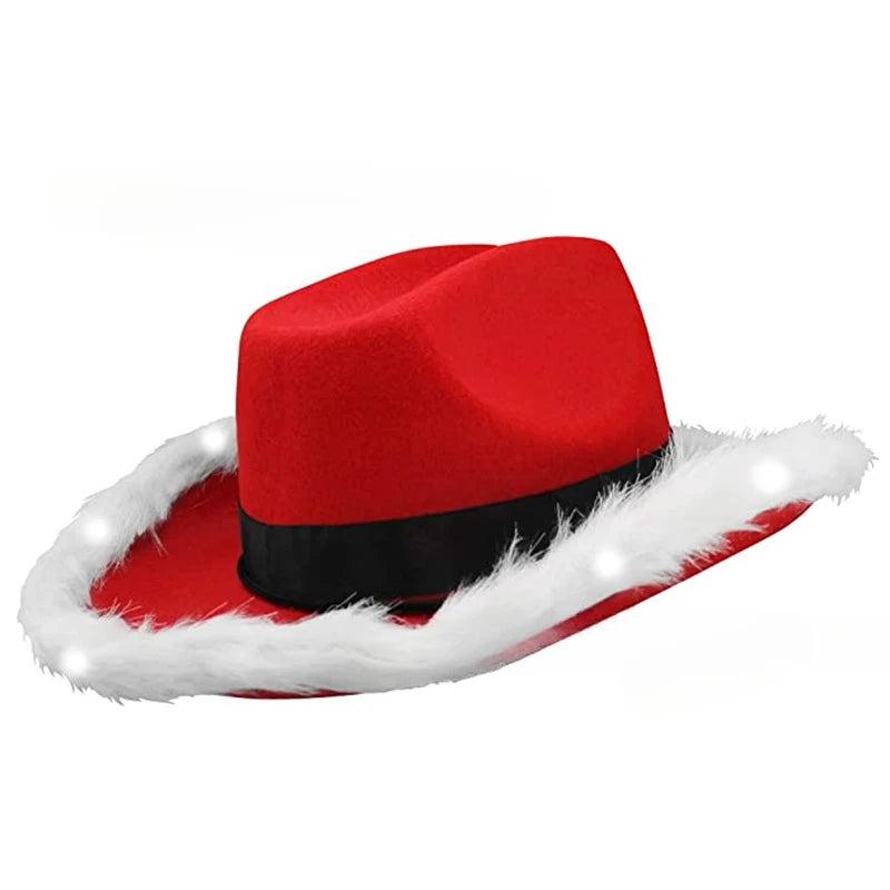 Santa Cowboy Hat with Feather Trim and LED Lights by HitMyNeed
