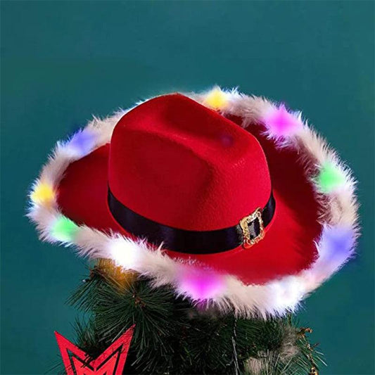 Santa Cowboy Hat with Feather Trim and LED Lights colored-lights by HitMyNeed