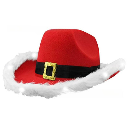 Santa Cowboy Hat with Feather Trim and LED Lights white-light by HitMyNeed