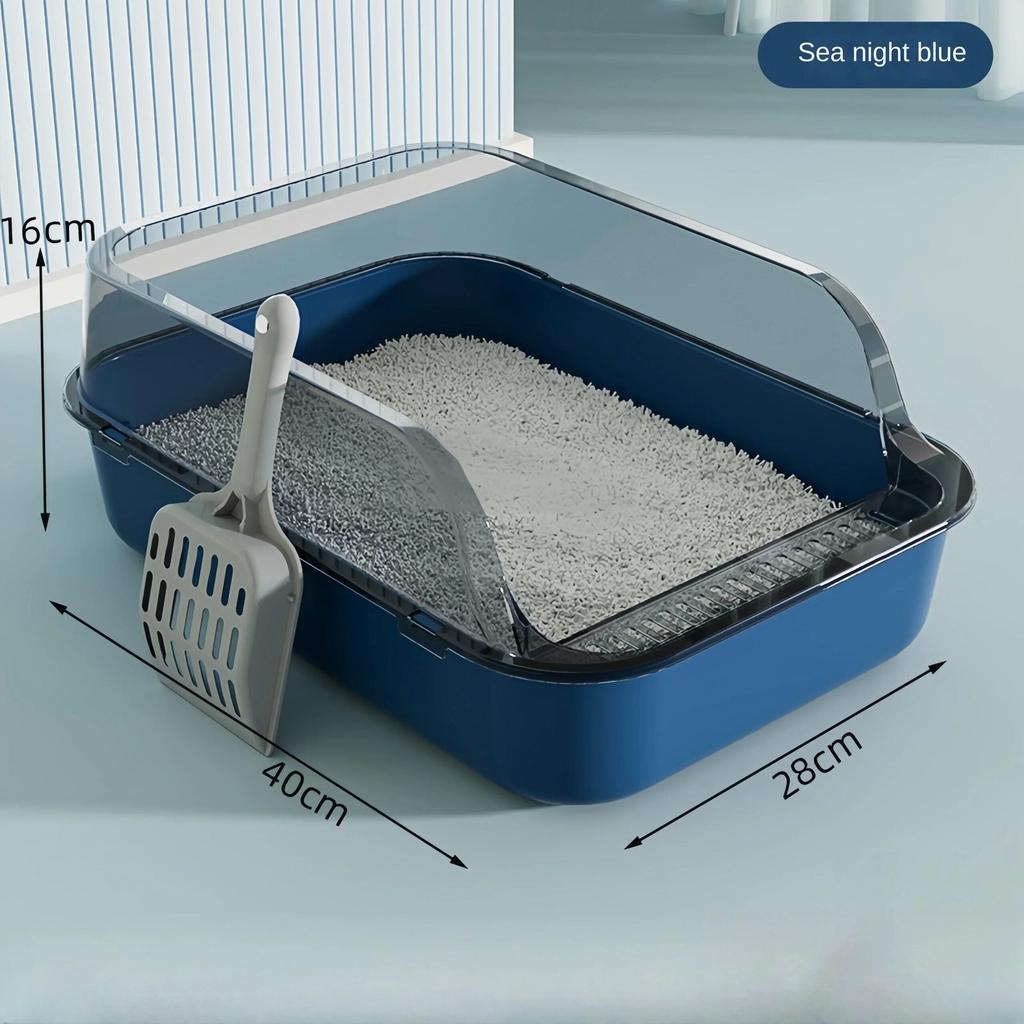Semi-Enclosed High-Sided Cat Litter Box with Scoop blue by HitMyNeed