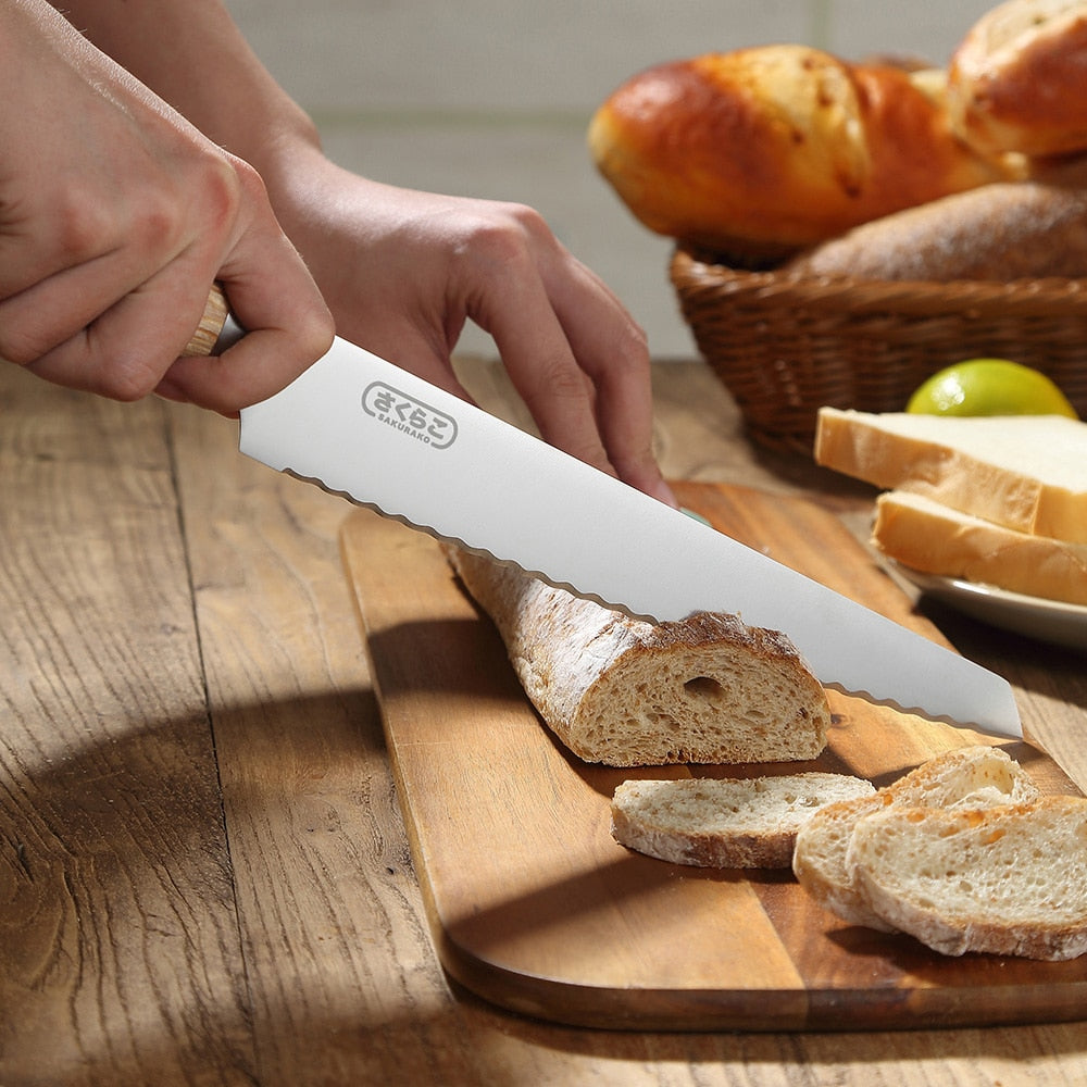 Serrated Bread Cutting Knife with Wooden Handle by HitMyNeed