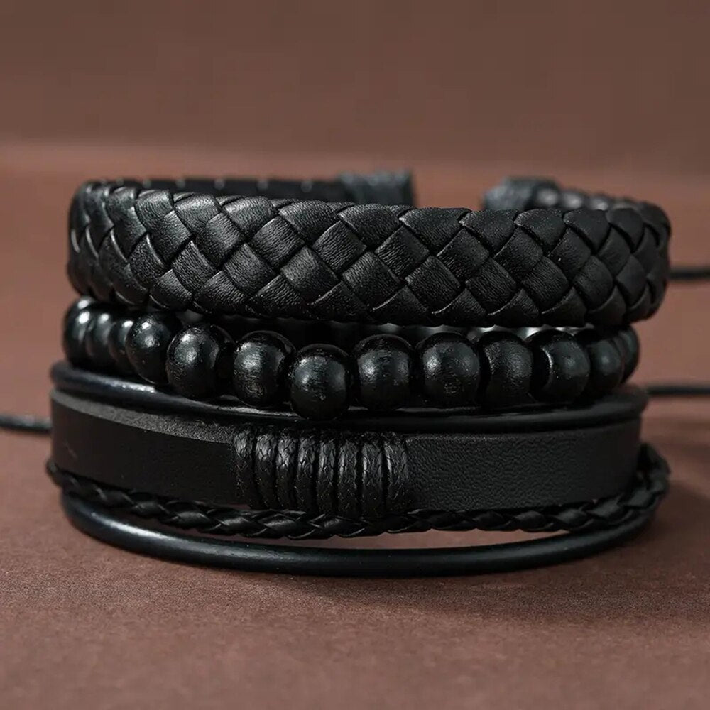 Set of 3 Black Woven PU Leather Men's Bracelets d by HitMyNeed