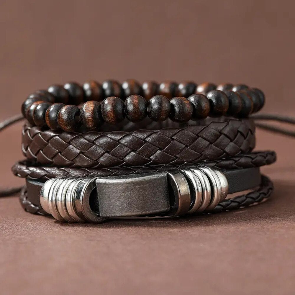 Set of 3 Black Woven PU Leather Men's Bracelets e by HitMyNeed