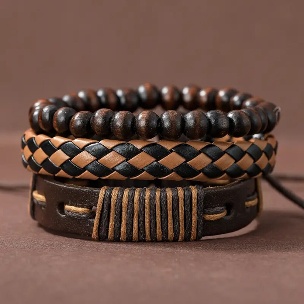 Set of 3 Black Woven PU Leather Men's Bracelets f by HitMyNeed