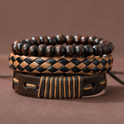 Set of 3 Black Woven PU Leather Men's Bracelets f by HitMyNeed