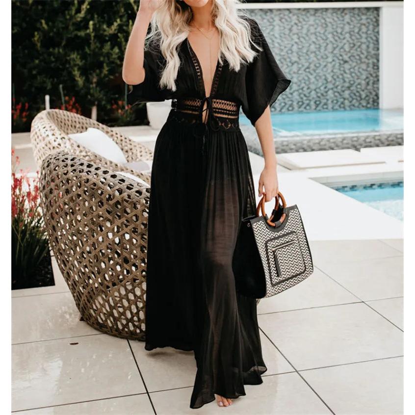 Sheer Drawstring Beach Cover Up Dress for Women black xl by HitMyNeed