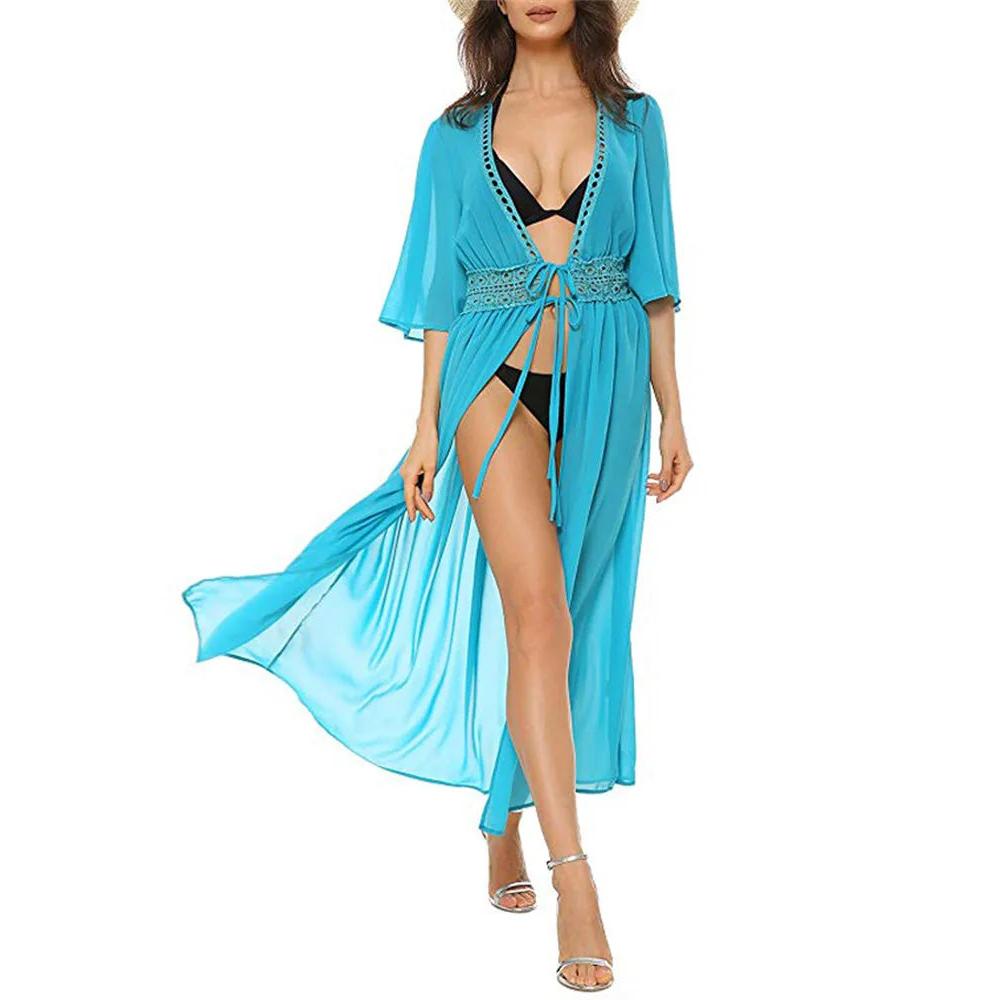 Sheer Drawstring Beach Cover Up Dress for Women blue m by HitMyNeed