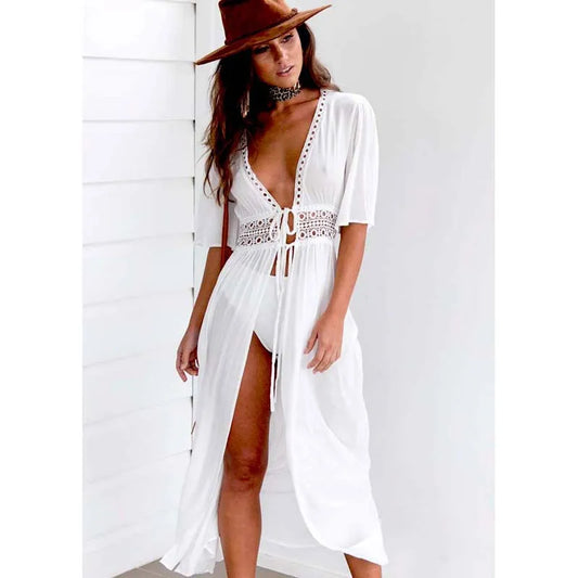 Sheer Drawstring Beach Cover Up Dress for Women white m by HitMyNeed