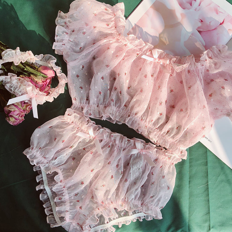 Sheer Star Ruffle Off-Shoulder Top & Shorts Lingerie Set by HitMyNeed
