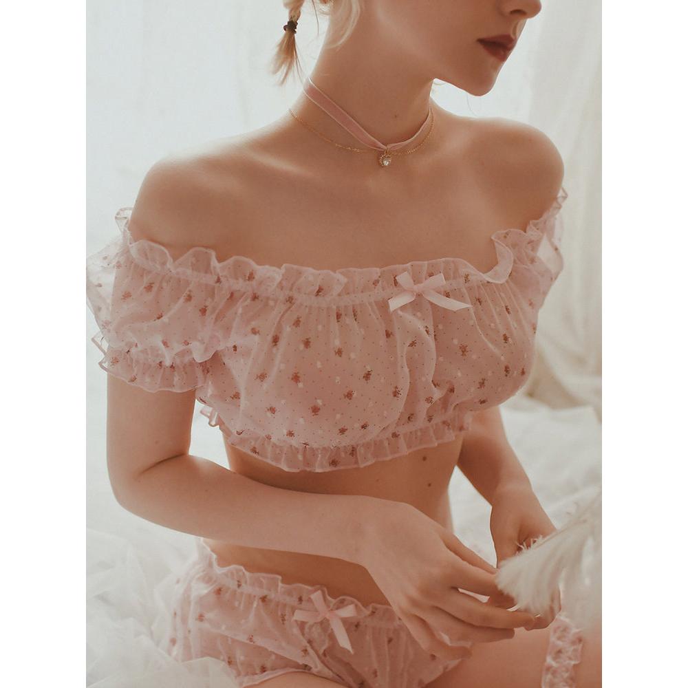 Sheer Star Ruffle Off-Shoulder Top & Shorts Lingerie Set by HitMyNeed