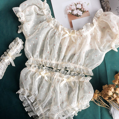 Sheer Star Ruffle Off-Shoulder Top & Shorts Lingerie Set beige one-size by HitMyNeed