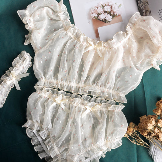 Sheer Star Ruffle Off-Shoulder Top & Shorts Lingerie Set beige one-size by HitMyNeed