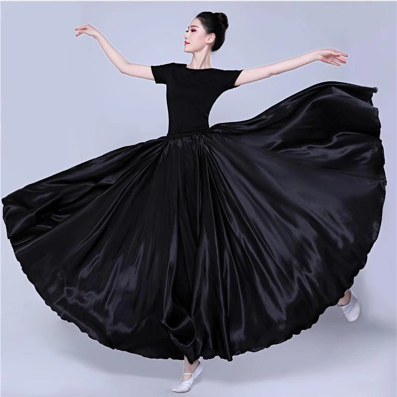 Shining Satin Long Spanish Sun Skirt for Dance black by HitMyNeed
