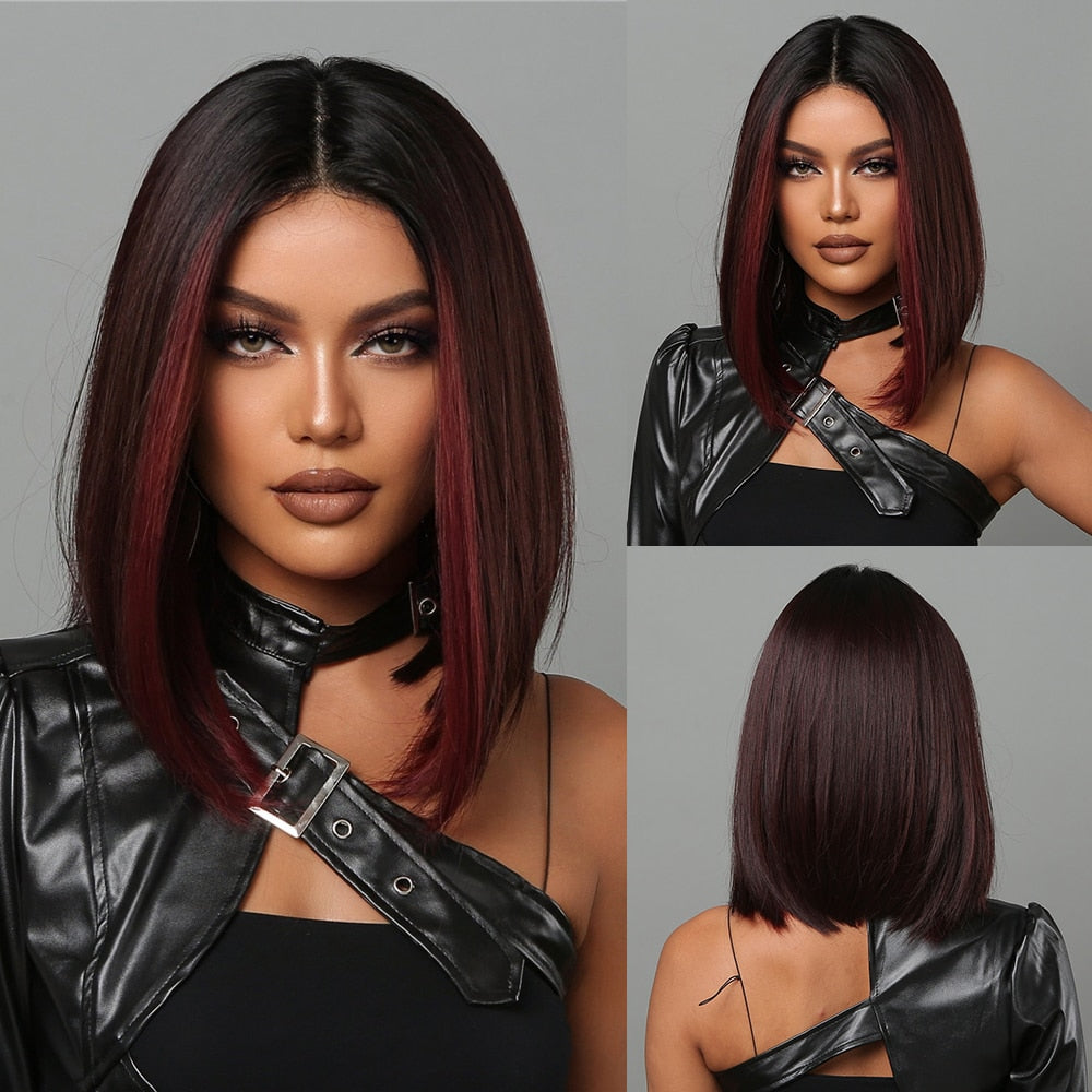 Short Black Bob Wig with Red Highlights, Middle Part by HitMyNeed