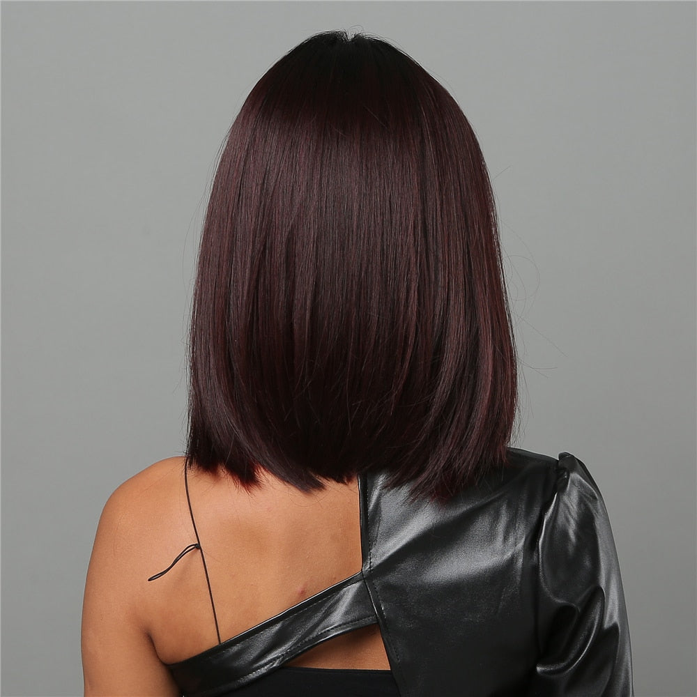 Short Black Bob Wig with Red Highlights, Middle Part by HitMyNeed