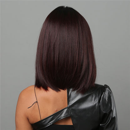 Short Black Bob Wig with Red Highlights, Middle Part by HitMyNeed
