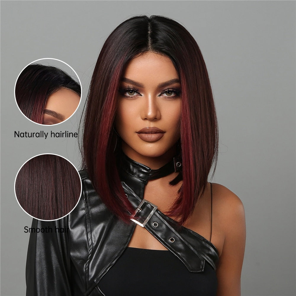 Short Black Bob Wig with Red Highlights, Middle Part by HitMyNeed