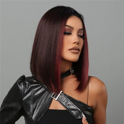 Short Black Bob Wig with Red Highlights, Middle Part by HitMyNeed