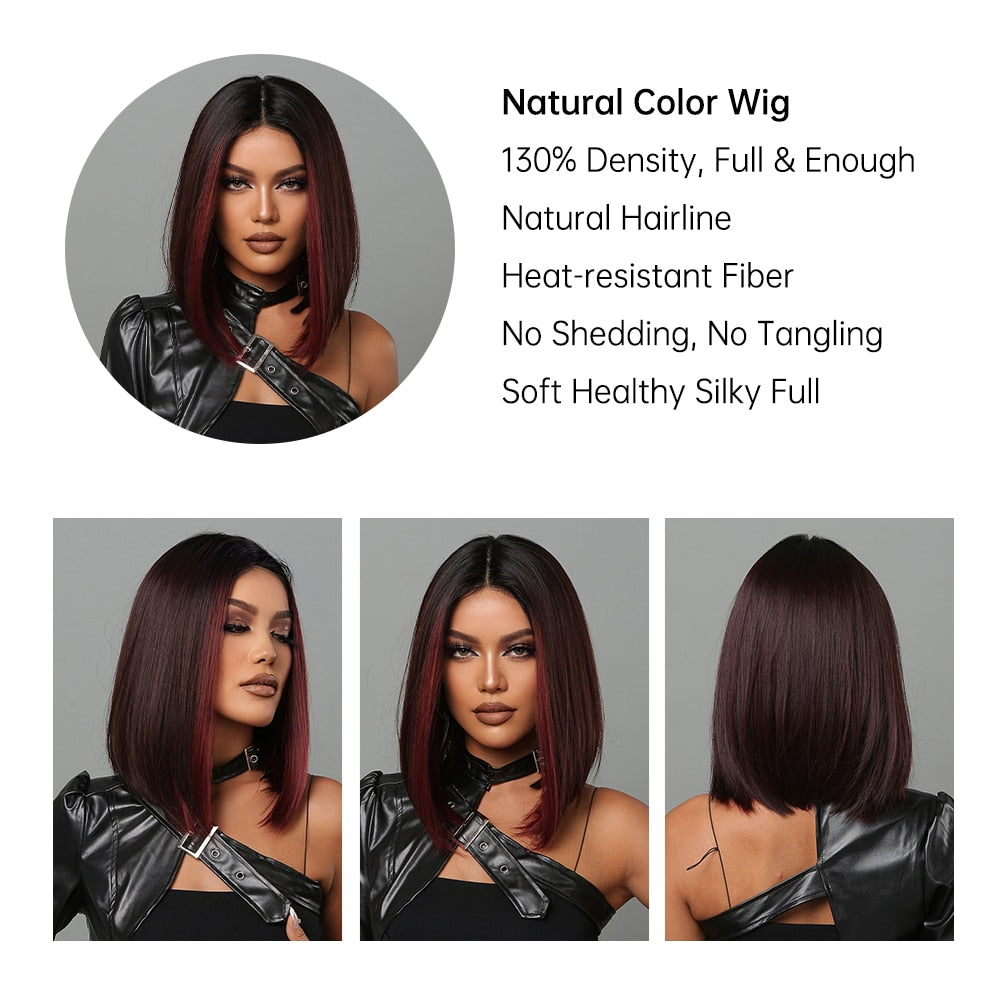 Short Black Bob Wig with Red Highlights, Middle Part by HitMyNeed