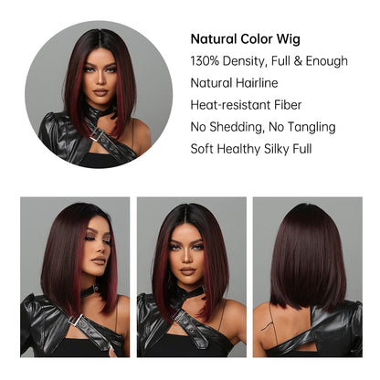 Short Black Bob Wig with Red Highlights, Middle Part by HitMyNeed