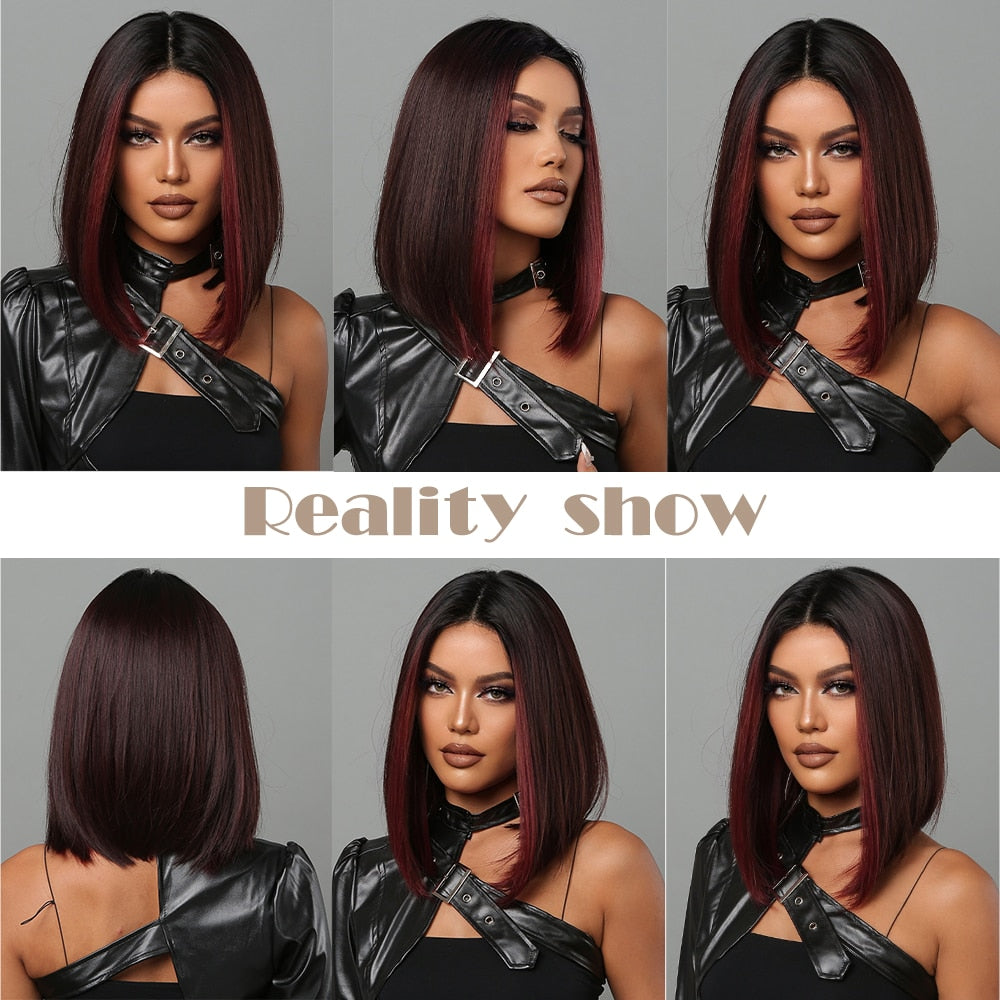 Short Black Bob Wig with Red Highlights, Middle Part by HitMyNeed