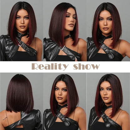 Short Black Bob Wig with Red Highlights, Middle Part by HitMyNeed