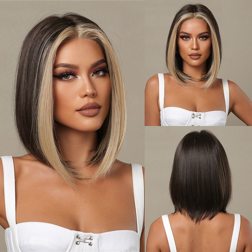 Short Black Bob Wig with Red Highlights, Middle Part lc2004-1 by HitMyNeed