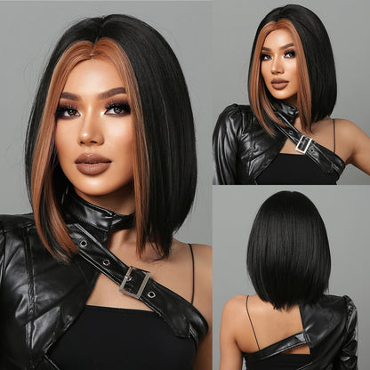 Short Black Bob Wig with Red Highlights, Middle Part lc2004-2 by HitMyNeed